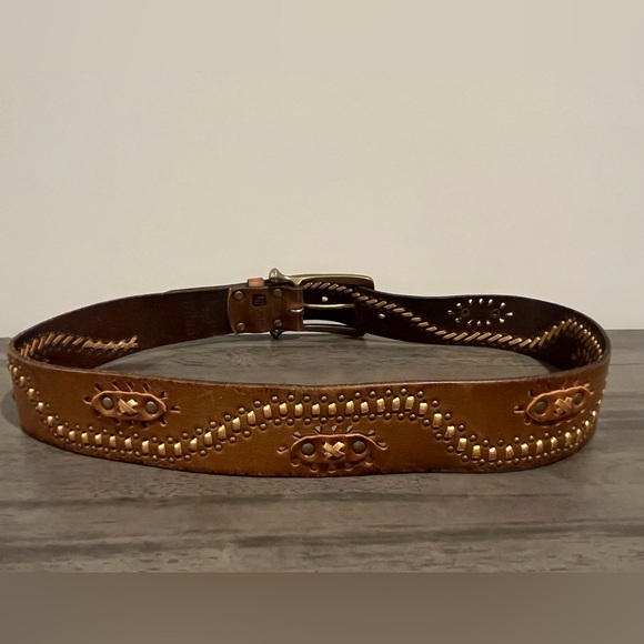 Linea Pelle Leather Studded Belt - Brown / Bronze w/ Gold Buckle - Size Medium - Picture 2 of 9